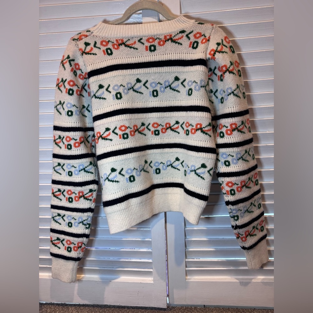 fab’rik Floral Knit Sweater Cream Striped Cottagecore Women M - Picture 3 of 5